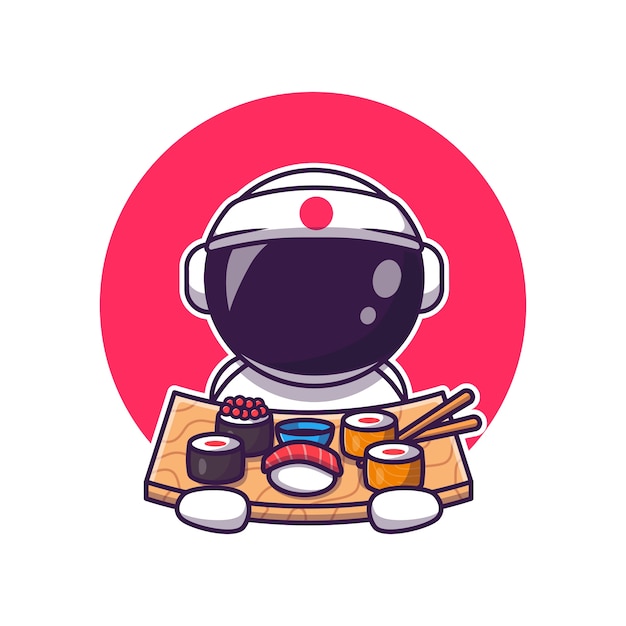 Leuke astronaut die sushi cartoon eet. science food icon concept geïsoleerd. flat cartoon stijl