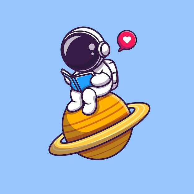 Gratis vector leuke astronaut gelezen boek op planeet cartoon pictogram illustratie. wetenschap technologie pictogram concept geïsoleerd. platte cartoon stijl