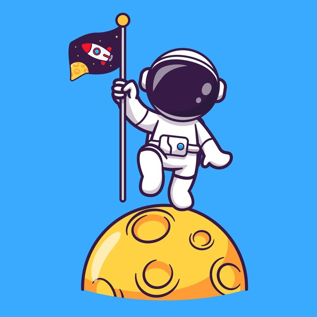 Leuke Astronaut Holding Rocket Vlag op Maan Cartoon Vector Icon Illustratie. Wetenschap technologie icoon