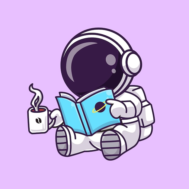 Leuke astronaut leesboek met koffie cartoon vector pictogram illustratie wetenschap onderwijs geïsoleerd