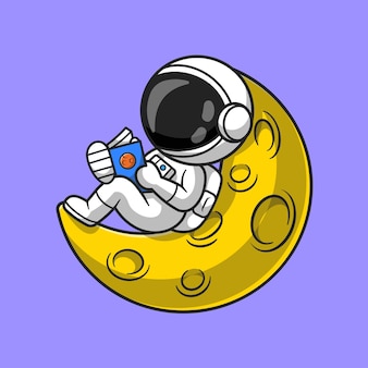 Leuke astronaut leesboek op maan cartoon vector pictogram illustratie. technologie onderwijs pictogram concept geïsoleerd premium vector. platte cartoonstijl