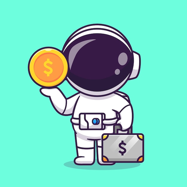 Leuke astronaut met gouden munt en koffer cartoon vector pictogram illustratie wetenschap business icon