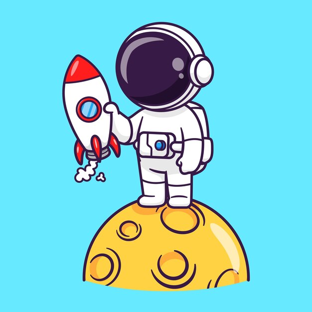 Leuke Astronaut Met Raket Op Maan Cartoon Vector Pictogram Illustratie Wetenschap Technologie Geïsoleerd