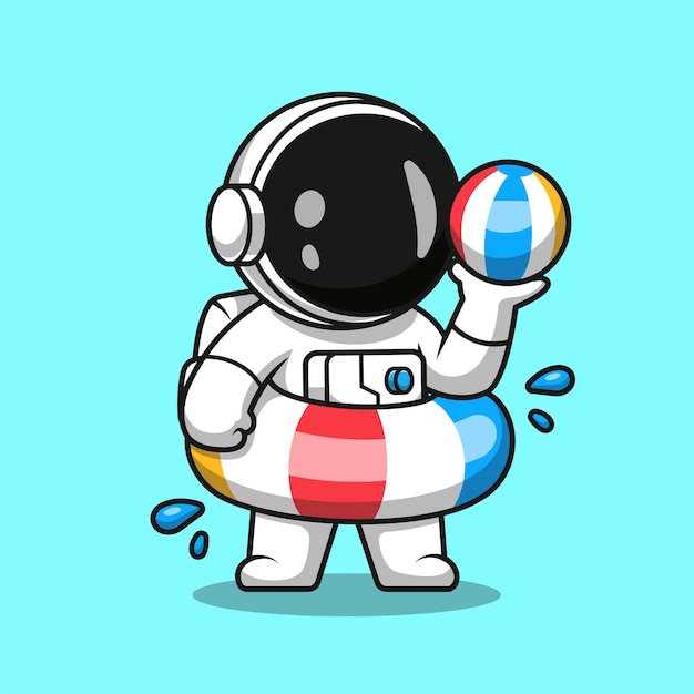 Gratis vector leuke astronaut met zwembanden en strandbal cartoon vector icon illustration science holiday