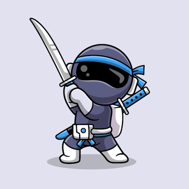 Gratis vector leuke astronaut ninja met zwaard cartoon vector icon illustratie wetenschap vakantie geïsoleerde flat