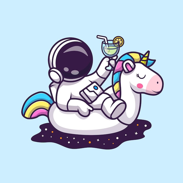 Gratis vector leuke astronaut ontspannen op unicorn ballon met jus d'orange in ruimte cartoon vectorillustratie