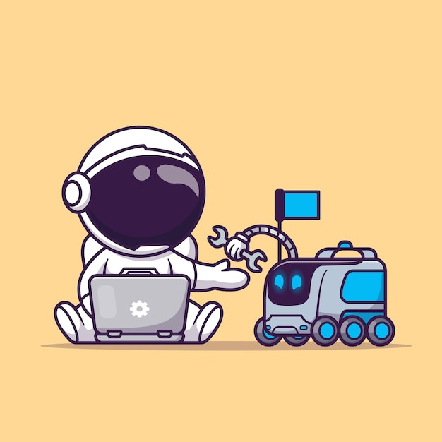 Gratis vector leuke astronaut operationele laptop met robot cartoon vector icon illustratie. wetenschap technologie icoon
