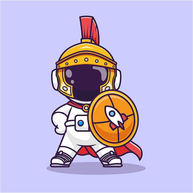 Gratis vector leuke astronaut ridder met schild cartoon vector pictogram illustratie wetenschap vakantie pictogram geïsoleerd