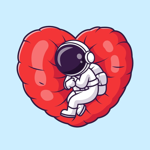 Leuke astronaut slapen op liefde hart kussen cartoon vector pictogram illustratie wetenschap technologie