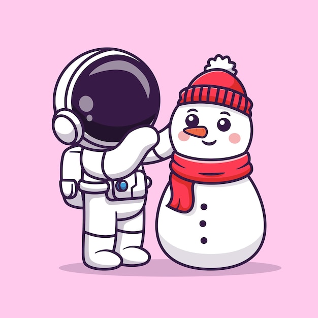 Leuke astronaut spelen met sneeuwpop cartoon vector pictogram illustratie. wetenschap vakantie pictogram geïsoleerd