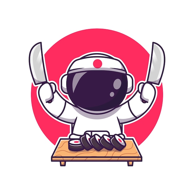 Leuke astronaut sushi met mes cartoon. science food icon concept geïsoleerd. flat cartoon stijl