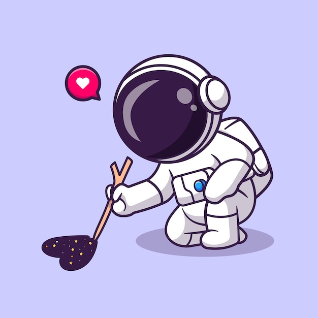 Gratis vector leuke astronaut tekening liefde ruimte met houten stok cartoon vector icon illustratie. wetenschap techno