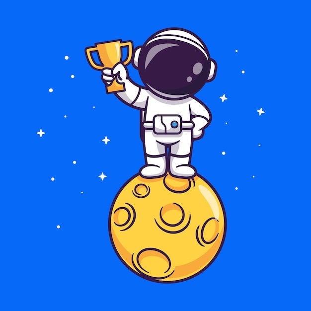 Gratis vector leuke astronaut trofee houden op de maan in ruimte cartoon vector pictogram illustratie. wetenschap sport