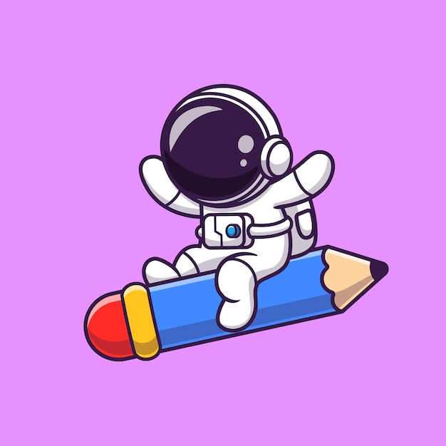 Gratis vector leuke astronaut vliegen met potlood raket cartoon