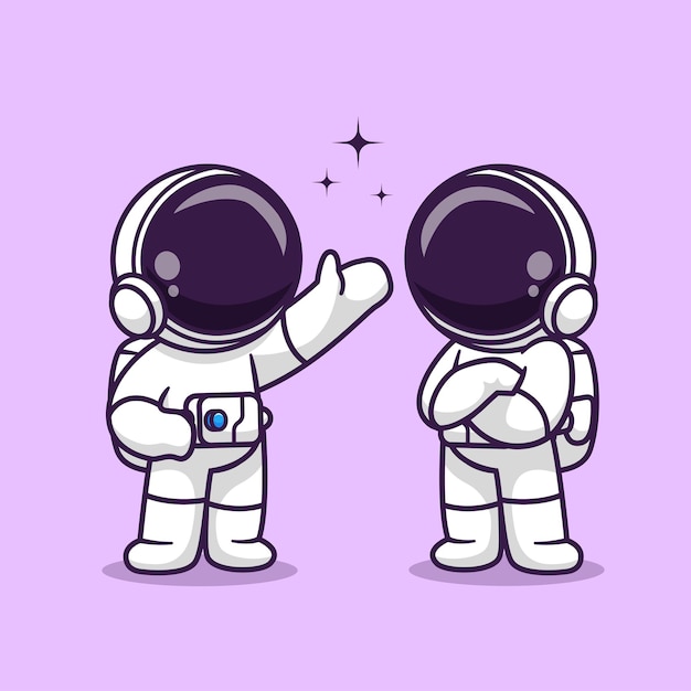 Leuke astronaut vriend praten ruimte cartoon vector pictogram illustratie. wetenschap technologie pictogram concept geïsoleerd premium vector. platte cartoonstijl