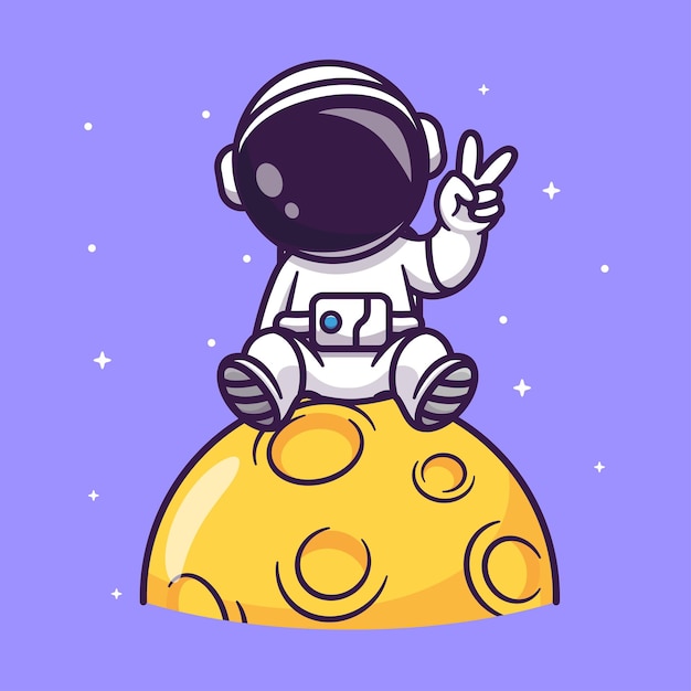 Leuke astronaut zittend en vrede hand op maan cartoon vector pictogram illustratie wetenschap technologie