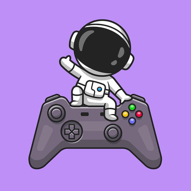 Leuke Astronaut zwaaiende Hand op Game Controller Cartoon vectorillustratie pictogram. Technologie wetenschap pictogram Concept geïsoleerd Premium Vector. Platte cartoonstijl