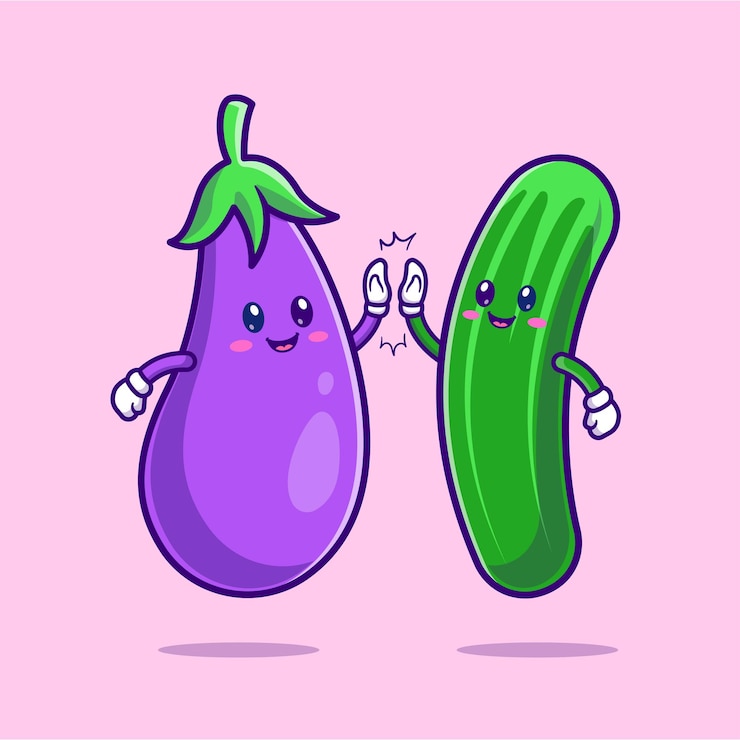 Gratis Vector leuke aubergine en komkommer high five cartoon vector icon illustratie voedsel natuur geïsoleerd plat