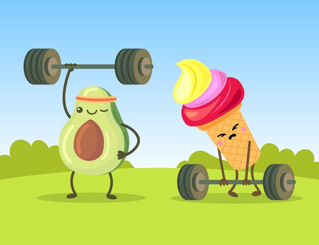 Leuke avocado- en ijskarakters die met dumbbells trainen. Trieste cartoon-confectie die tralies op een vlakke afbeelding van een gazon probeert op te tillen