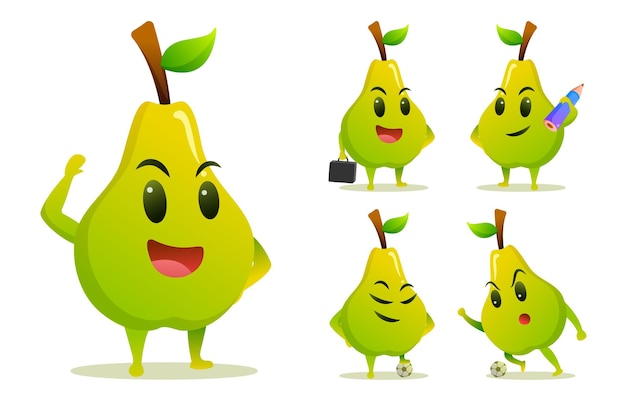 Gratis vector leuke avocado groente stripfiguren velen poseren geïsoleerd op een witte achtergrond