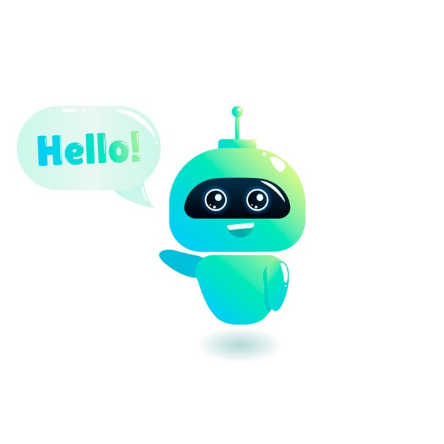 Leuke bot zegt gebruikers Hallo. Chatbot begroet. Online consultatie.