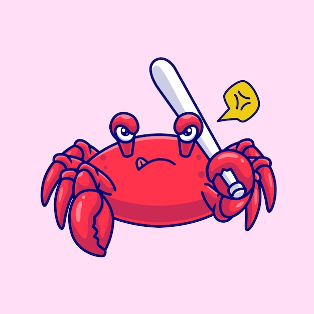 Gratis vector leuke boze krab met honkbalstick cartoon vectorillustratie pictogram. dierlijke sport pictogram geïsoleerd