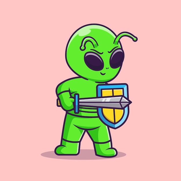 Leuke buitenaardse krijger met zwaard en schild cartoon vector pictogram illustratie. wetenschap technologie