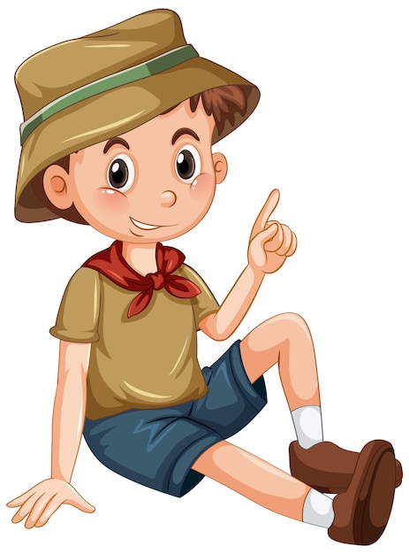 Gratis vector leuke camping jongen zittend op een witte achtergrond