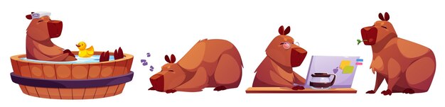 Leuke capybara personage in verschillende activiteiten