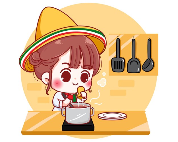 Leuke chef-kok koken in de keuken thuis in Mexico cartoon karakter illustratie