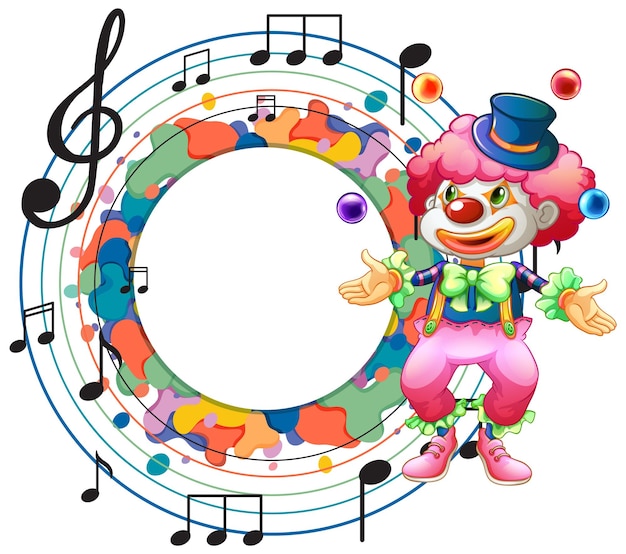 Gratis vector leuke clown met lege muzieknotitiesjabloon
