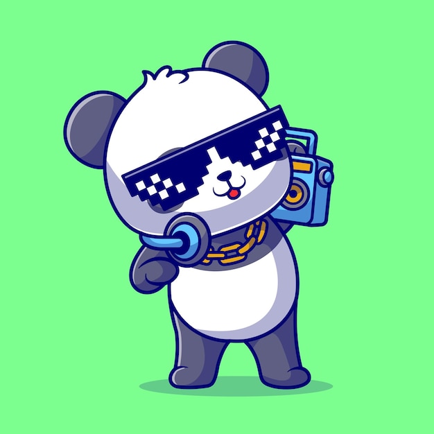 Leuke cool panda luisteren muziek met boombox en hoofdtelefoon cartoon vector pictogram illustratie animal