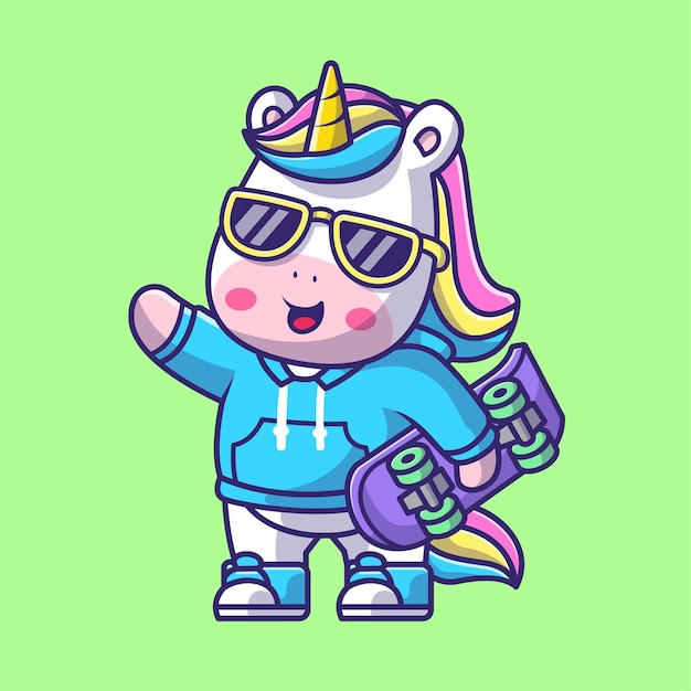 Leuke cool unicorn holding skateboard cartoon vector icon illustratie. dierlijke sport pictogram geïsoleerd