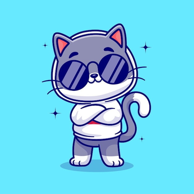 Leuke coole kat met een bril en hoodie Cartoon vectorillustratie pictogram. Dierlijke mode pictogram concept geïsoleerd Premium Vector. Platte cartoonstijl