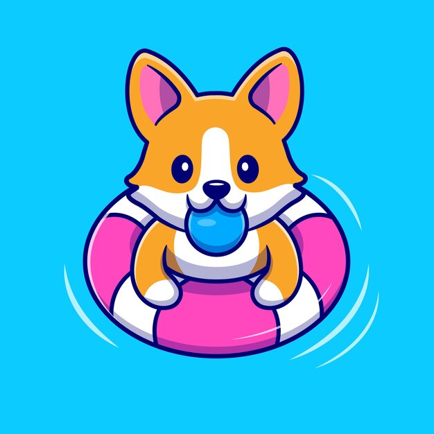 Leuke Corgi-hond die met zwemmen drijft. Flat Cartoon stijl