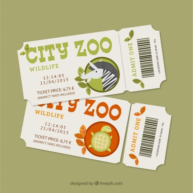 Gratis vector leuke dierentuin tickets met een zebra en een schildpad