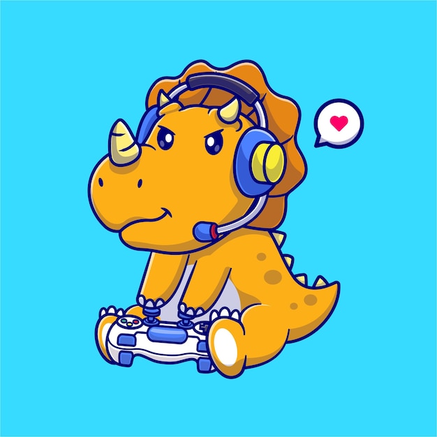 Gratis vector leuke dinosaurus speelspel met controller en hoofdtelefoon cartoon vector pictogram illustratie. dier