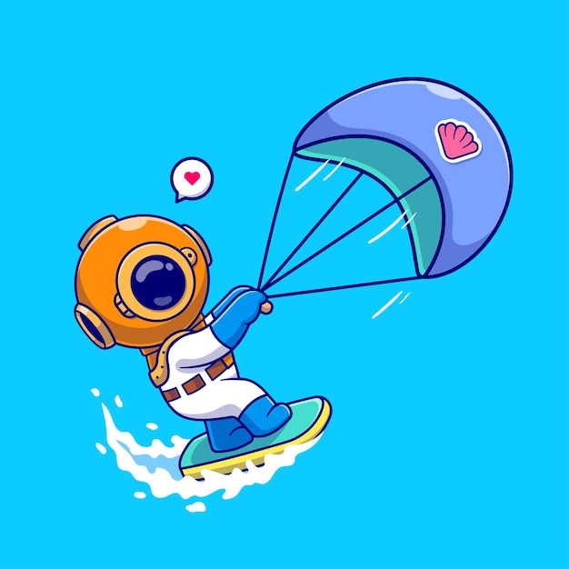 Gratis vector leuke duiker surfen met parachute cartoon vector pictogram illustratie wetenschap sport geïsoleerd plat