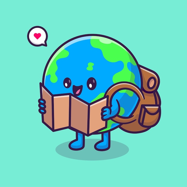 Leuke earth globe backpacker holding kaart cartoon vector icon illustratie natuur reizen geïsoleerd