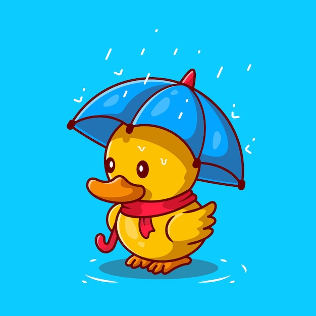Leuke eend met paraplu in de regen cartoon pictogram illustratie
