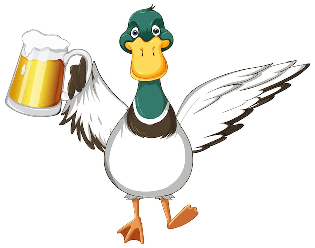 Gratis vector leuke eend stripfiguur met een mok bier