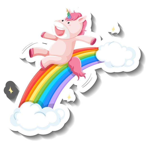 Leuke eenhoorn dia op regenboog cartoon sticker