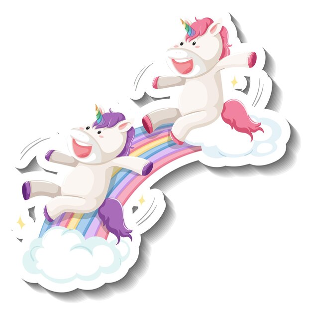 Leuke eenhoorns glijden op regenboog cartoon sticker