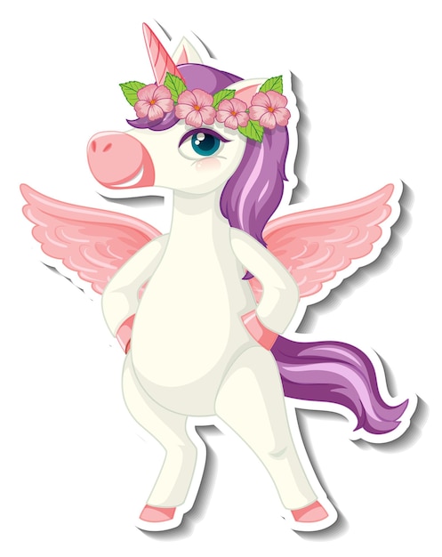 Gratis vector leuke eenhoornstickers met een paarse pegasus stripfiguur