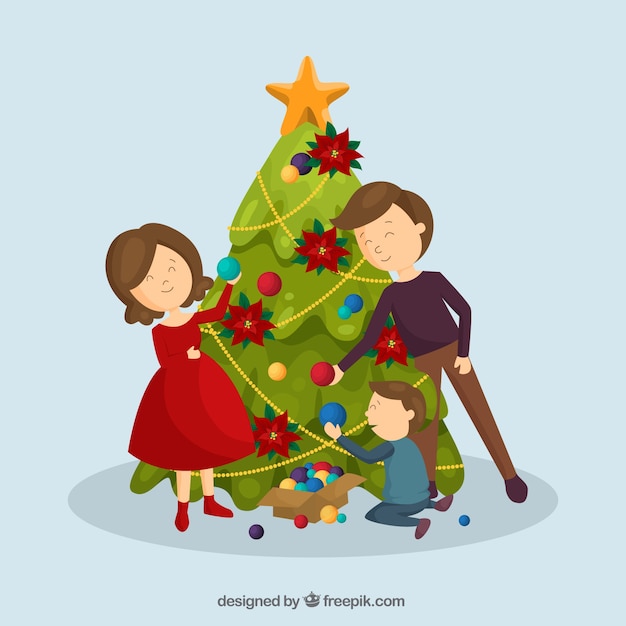 Gratis vector leuke familiescène met kerstmisboom