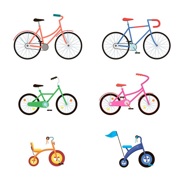 Leuke fietsen van verschillende kleuren set. illustraties van eco stadsvervoer voor kinderen of volwassenen