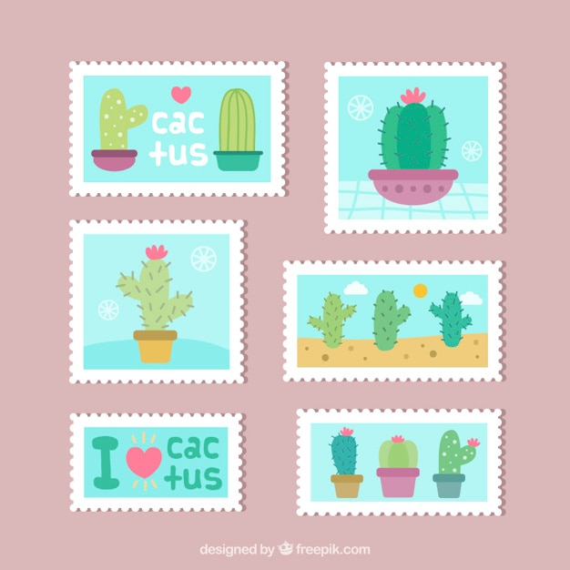 Gratis vector leuke flat cactus postzegels