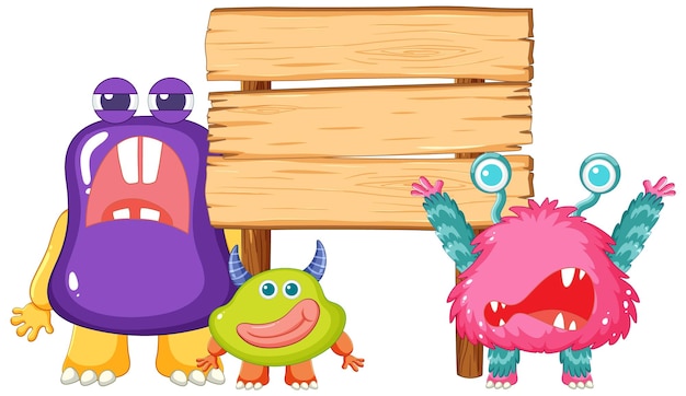 Gratis vector leuke gelukkige monster vrienden houden houten bord banner