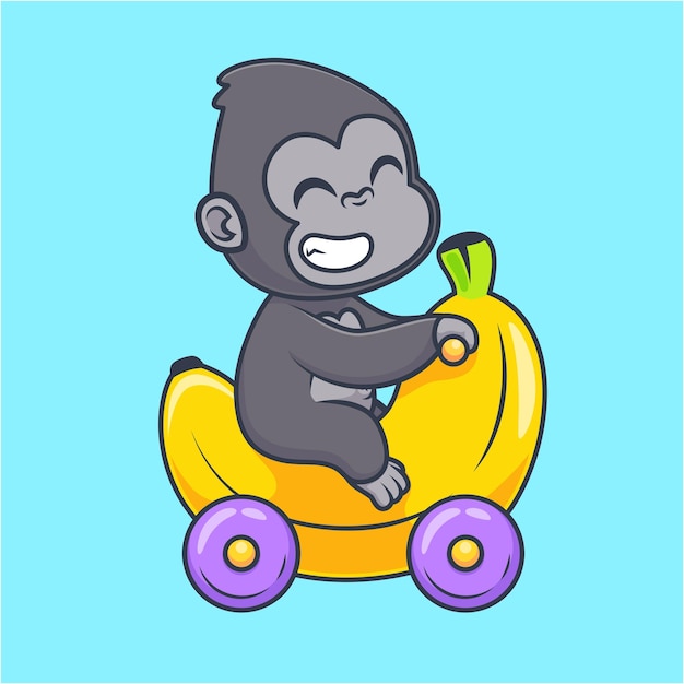 Gratis vector leuke gorilla riding banana motorcycle toy cartoon vector icon illustratie diervervoer