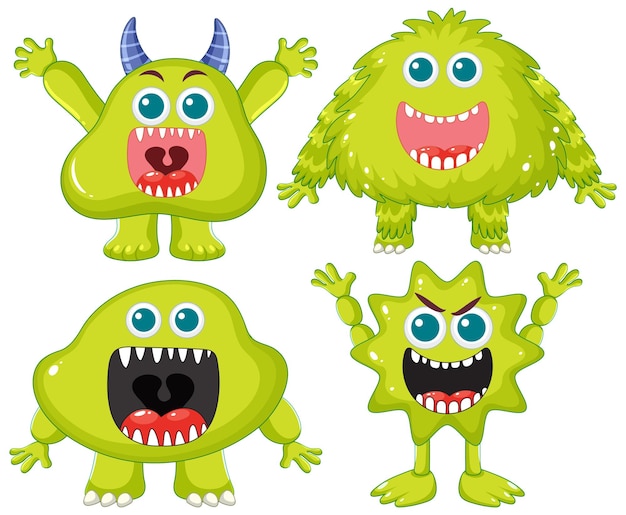 Gratis vector leuke groene buitenaardse monsters stripfiguren